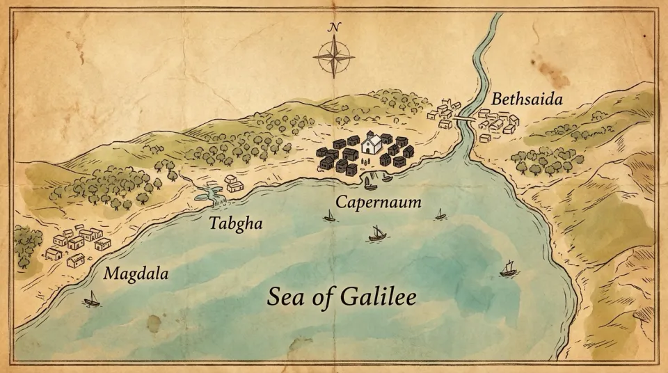 Ilustrowana mapa Galilei pokazująca jezioro, okoliczne wioski i drogi.