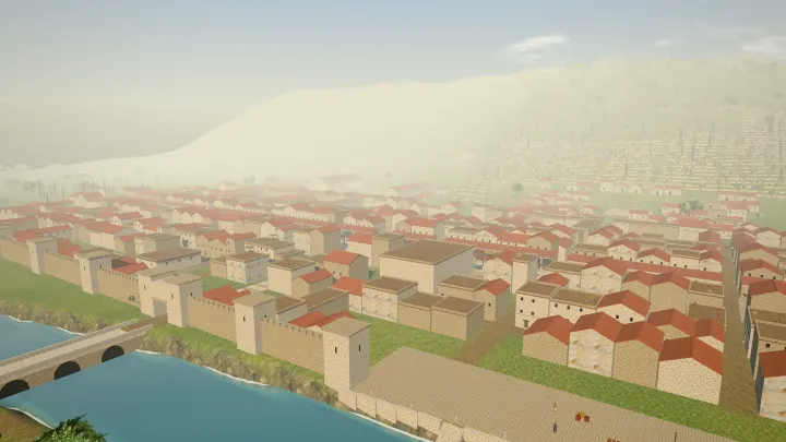 The bridge gate and walls of Antioch on the Orontes, red roofs stretching toward Mount Silpius, in the game.