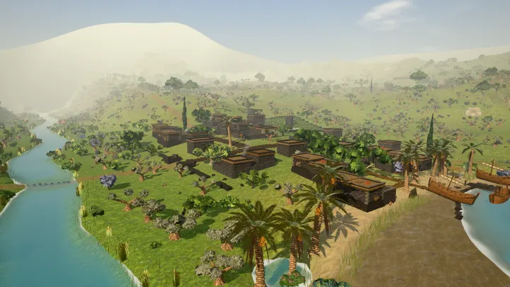 The Jordan winding past the houses and palms of Bethsaida to the lake, boats drawn up on the shore, in the game.
