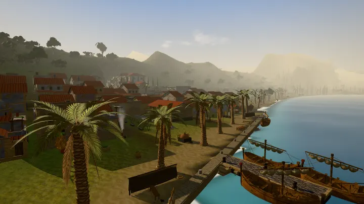Palms along the quay and ships moored in the harbour of Tiberias, the hills beyond, in the game.
