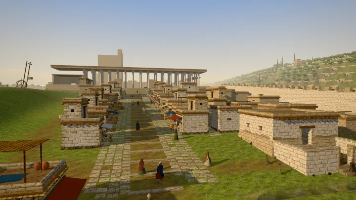 Pilgrims climbing the stepped street of Jerusalem’s lower city toward the Royal Stoa, the Mount of Olives to the right, in the game.