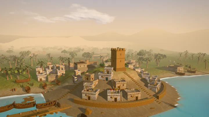 Joppa on its hill above the shore of the Great Sea: the tower, white houses, boats and palm groves, in the game.