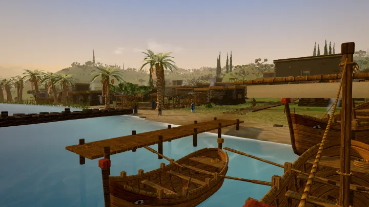 Fishing boats with painted eyes moored at a wooden jetty below Capernaum, people on the shore behind, in the game.