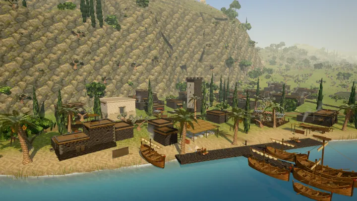 Morning sun on the cliffs of Arbel above Magdala, its tower, the fish market and boats at the jetty, in the game.