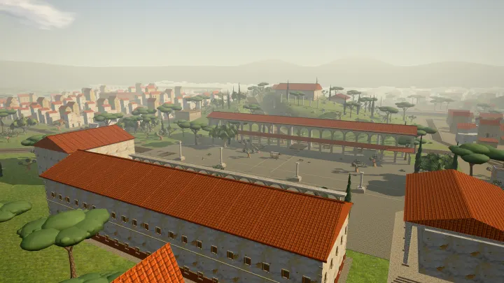The Roman Forum with its basilica and colonnades, the Palatine and umbrella pines beyond, in the game.