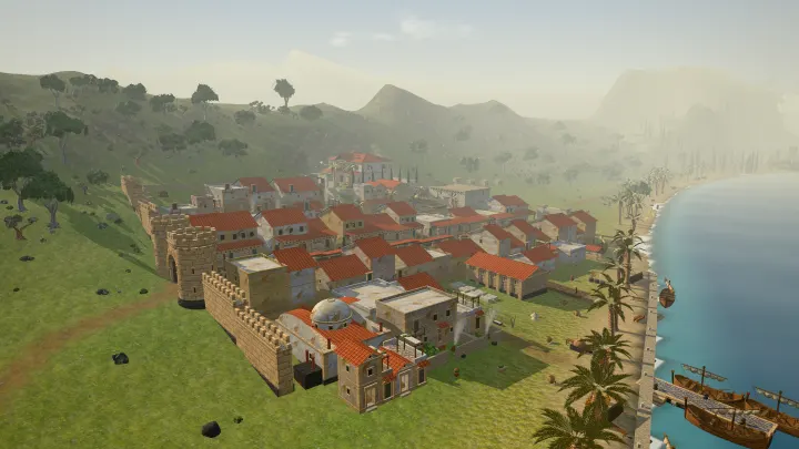 Red-tiled houses, a domed bathhouse and the walls of Tiberias above its harbour on the Sea of Galilee, in the game.